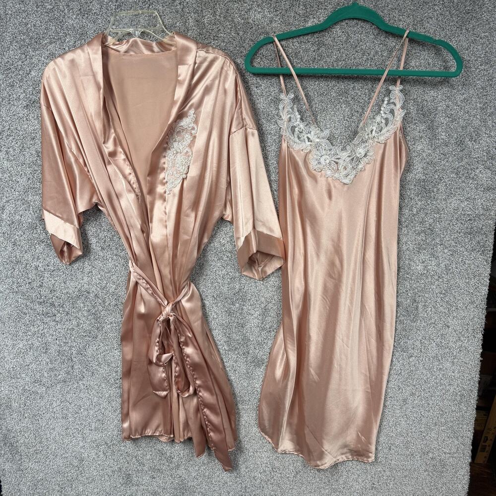 Vtg 80s 90s Petra Fashions Robe Gown Set XL Satin Lace Coquette Boudoir Glam
